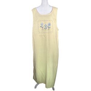 Vintage 2X Linen Cotton Tank Maxi Dress Butter Yellow Painted Flowers Erika II